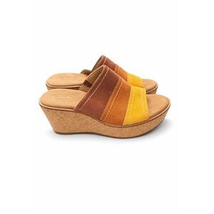 Clarks Womens Multi Color Suede Cork Wedge Slide Sandals Retro Boho 6.5
